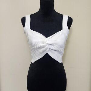 Elegant White Ribbed Twist Crop Top